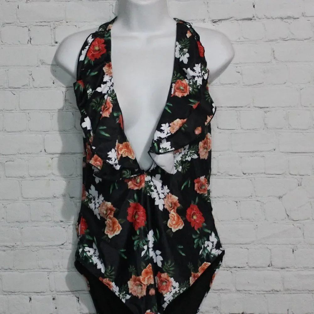 Women's Floral Deep V One Piece Swimsuit XL